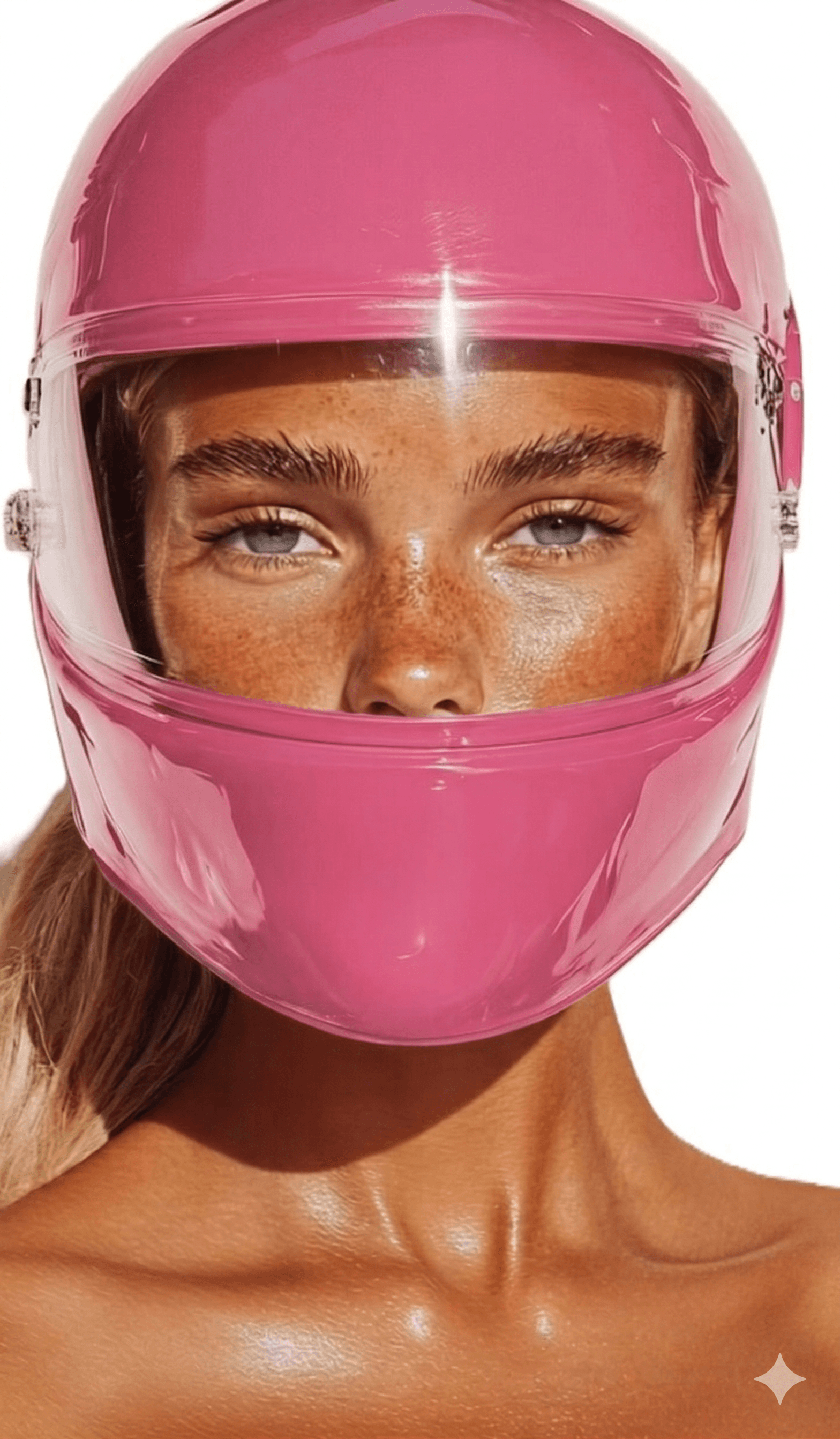 Woman wearing a pink helmet